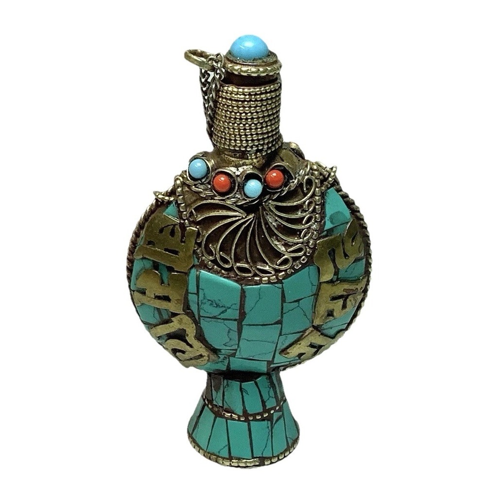 Vintage Nepal Handmade Copper Snuff Bottle Gemstone Inlaid Chinese Turquoise